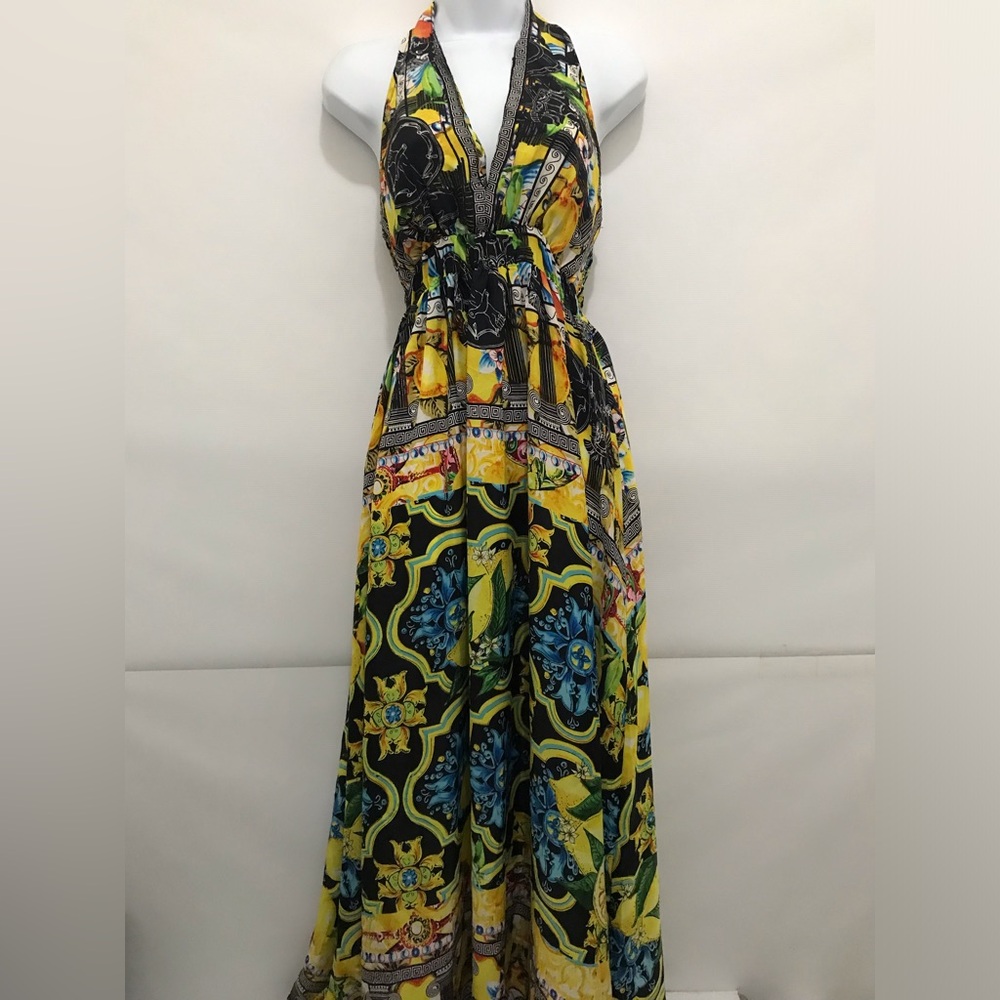 NWOT Antica Sartoria Halter Maxi Dress in Yellow, Blue& Black-OS